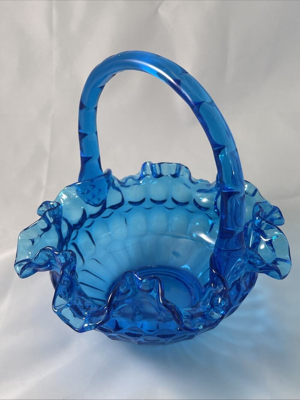 VTG FENTON Colonial Blue Thumbprint DBL Ruffle Basket Candy Dish 8"x7"